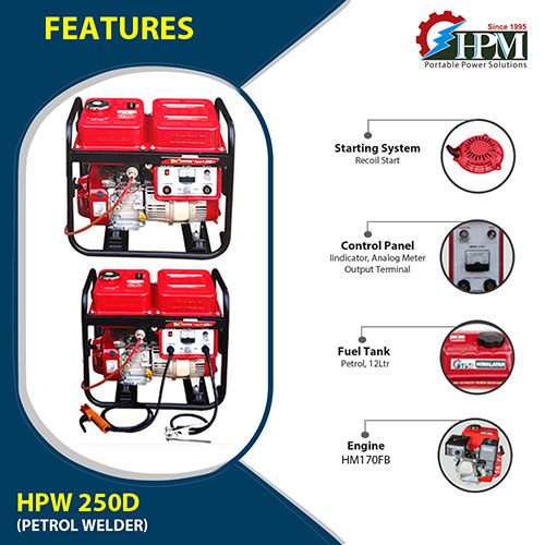 200 Amps  Petrol Welding Generator , Model HPW-250D, Recoil Start